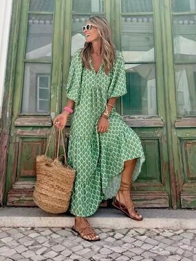 Green Patterned V-Neck Maxi Dress